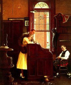 Rockwell painting of a man and woman in an official office